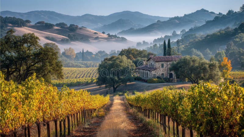 Paesaggio di vigneto d'autunno con casa di pietra e colline di nebbia illustrazione di stock