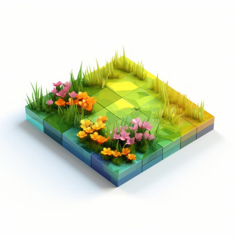 Paesaggio geometrico 3d colorato con fiori su fondo bianco royalty illustrazione gratis