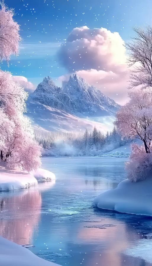 Paesaggio invernale delle meraviglie degli alberi coperti di neve ghiacciati al lago e alle montagne maestose illustrazione vettoriale