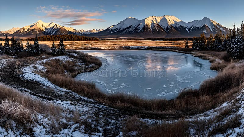 Paesaggio invernale paesaggistico con montagne, stagno congelato e alberi ricoperti di neve all'alba illustrazione di stock