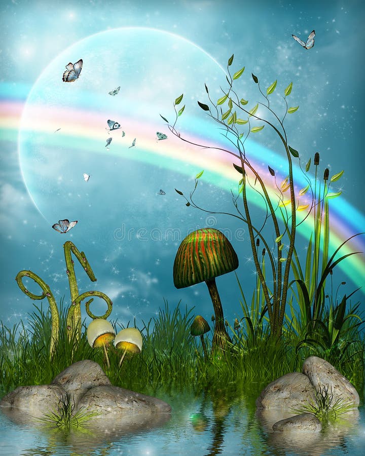 Paesaggio magico di favola sotto un arcobaleno