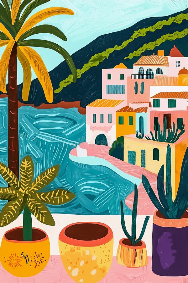 Paesaggio mediterraneo con vista marittima. poster verticale di colore stile metà secolo illustrazione vettoriale