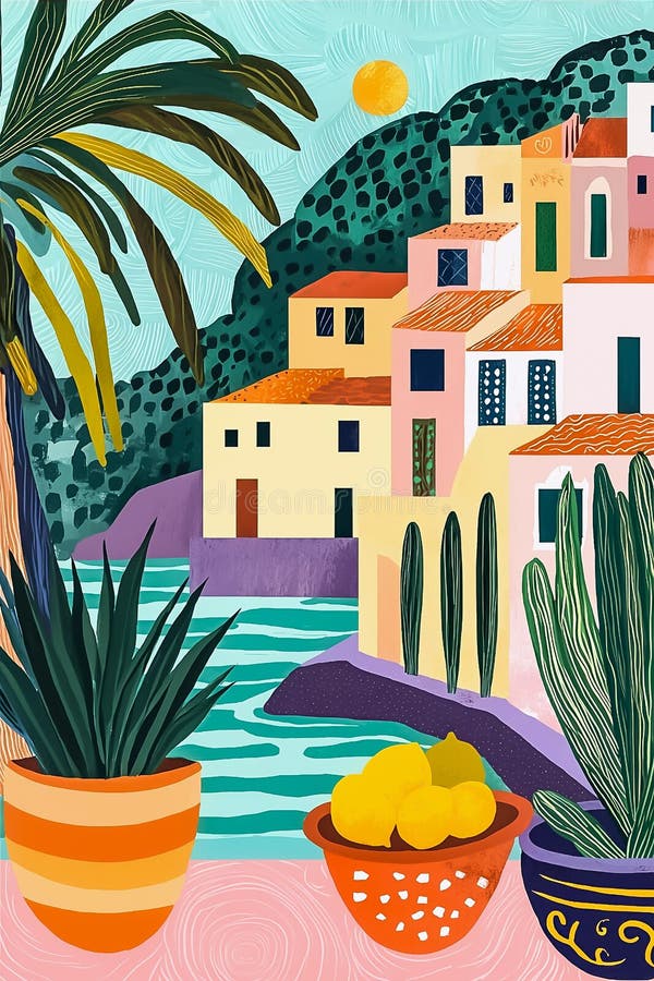 Paesaggio mediterraneo. vista città. cartellone colorato stile boho stile metà secolo royalty illustrazione gratis