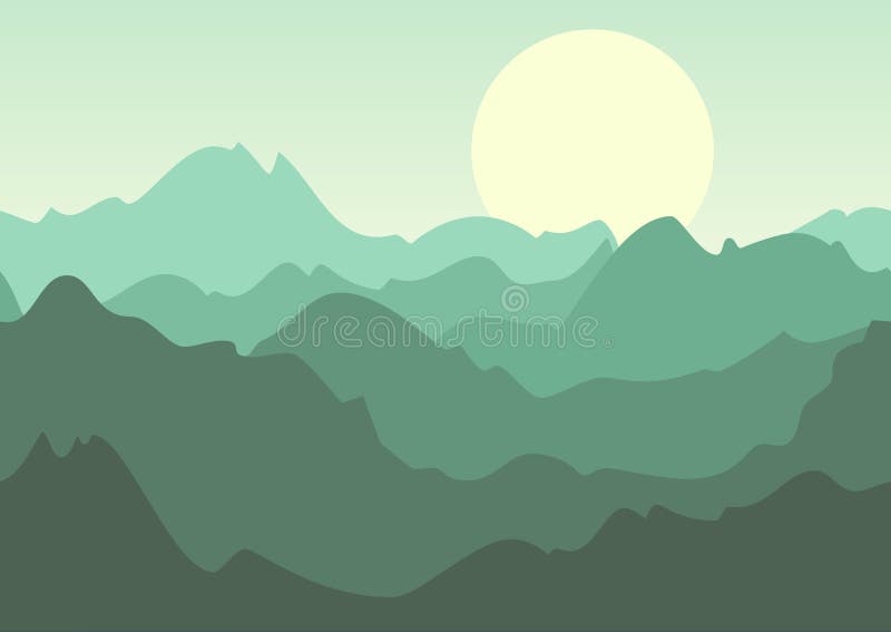 Paesaggio, montagne e sole verdi di estate di vettore sul cielo illustrazione vettoriale Paesaggio, montagne e sole verdi di estate di vettore sul cielo illustrazione vettoriale