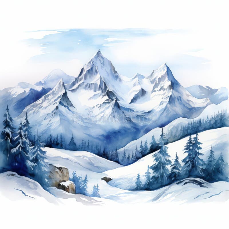 Paesaggio mozzafiato innevato con montagne iperrealistiche di acquerelli illustrazione vettoriale