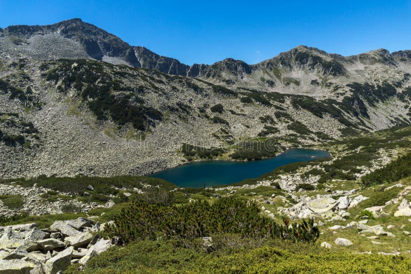 Paesaggio panoramico con Dalgoto il lago lungo, montagna di Pirin, Bulgaria immagini stock libere da diritti Paesaggio panoramico con Dalgoto il lago lungo, montagna di Pirin, Bulgaria immagini stock libere da diritti