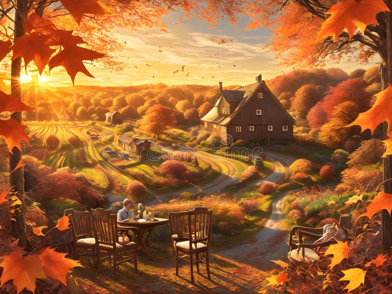 Paesaggio rurale autunnale illustrazione generativa ai illustrazione di stock