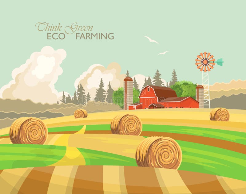 Farm rural landscape with yellow haystacks Agriculture vector illustration. Colorful countryside. Poster with retro village. Farm rural landscape with yellow haystacks Agriculture vector illustration. Colorful countryside. Poster with retro village