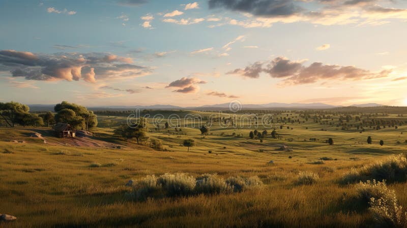 Paesaggio rurale dell'ora d'oro con dettagli iper realistici illustrazione vettoriale