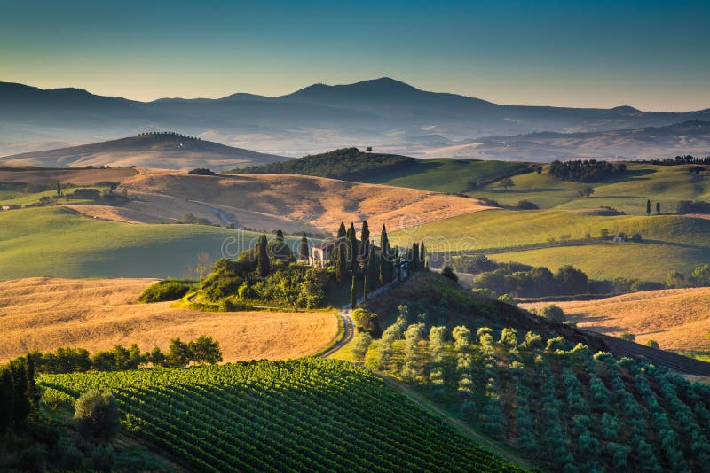 Paesaggio scenico della Toscana ad alba, dOrcia di Val, Italia fotografia stock Paesaggio scenico della Toscana ad alba, dOrcia di Val, Italia fotografia stock