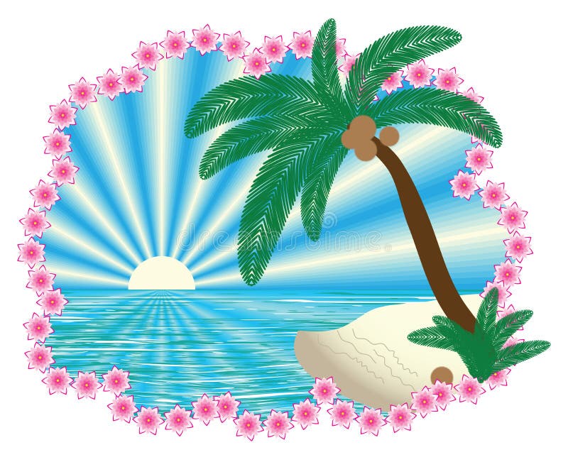 Paesaggio tropicale in bordo della ghirlanda dei fiori royalty illustrazione gratis Paesaggio tropicale in bordo della ghirlanda dei fiori royalty illustrazione gratis