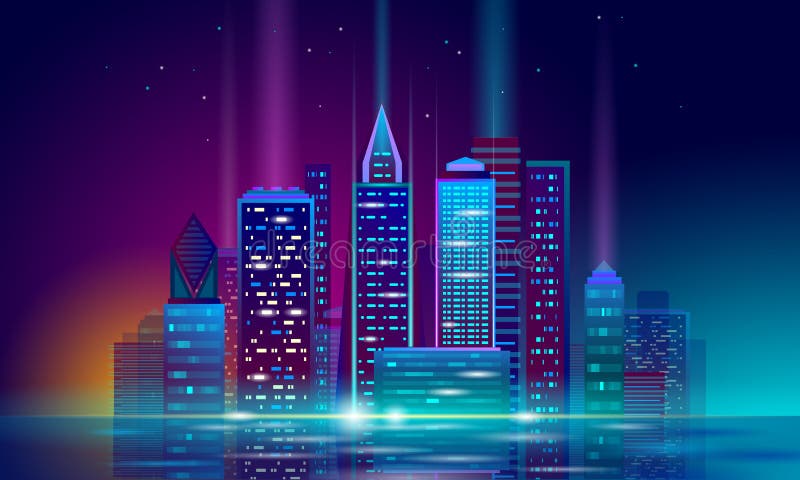 Paesaggio urbano d'ardore del neon astuto della città 3D Concetto futuristico di affari della costruzione di notte intelligente d