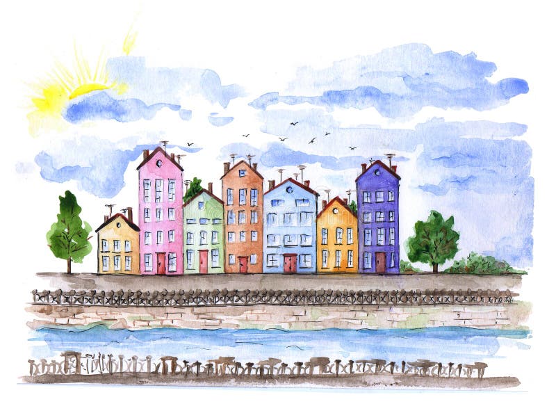 Paesaggio urbano dell'acquerello in Danimarca Fiume e case private su lungomare