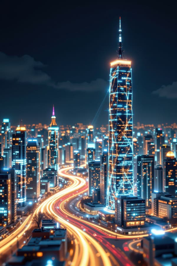 Paesaggio urbano digitale alimentato da algoritmi ai con linee luminose che collegano infrastrutture intelligenti illustrazione vettoriale