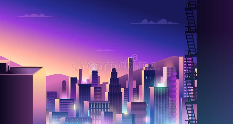 Paesaggio urbano futuristico Città di Cyberpunk con neon light e colorati riflessi vettore di edifici di città digitali illustrazione di stock