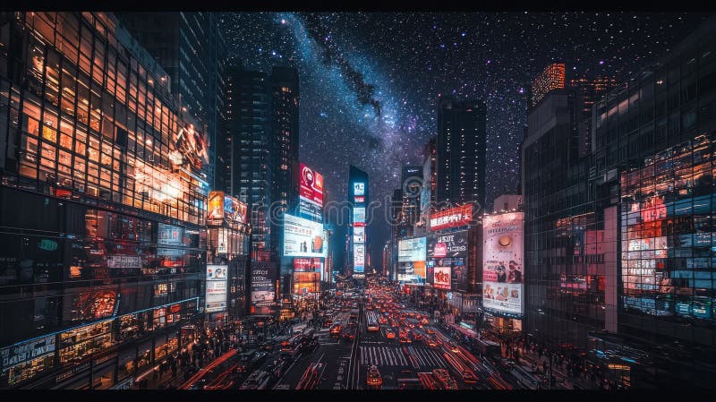 Paesaggio urbano vivace con uno sfondo cosmico sopra una vivace strada cittadina piena di luci royalty illustrazione gratis