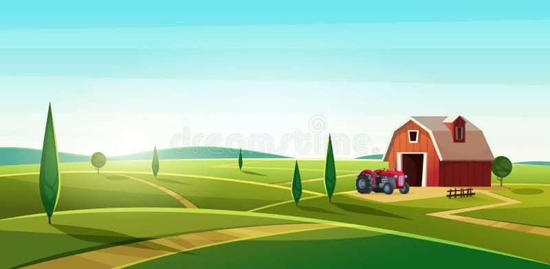 Colorful countryside landscape with a barn and tractor on the hill. Rural location. Cartoon modern vector illustration. Colorful countryside landscape with a barn and tractor on the hill. Rural location. Cartoon modern vector illustration.