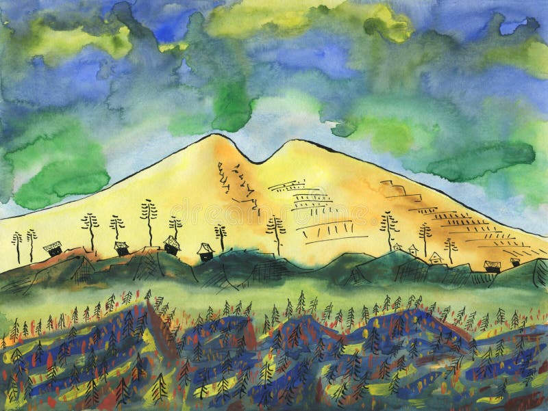 Paesino di montagna sui precedenti di grande montagna della neve illustrazione di stock Paesino di montagna sui precedenti di grande montagna della neve illustrazione di stock