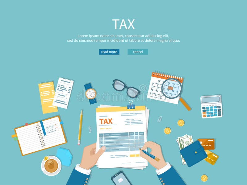 Tax payment. Man fills the tax form and counts. Financial calendar, money, invoices, bills on the table. Vector Top view. Tax payment. Man fills the tax form and counts. Financial calendar, money, invoices, bills on the table. Vector Top view