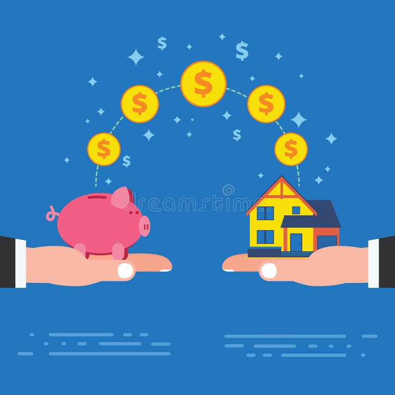 Real estate investment or housing construction payment. Buying new house metaphor with piggy bank on hand. Business concept vector illustration. Real estate investment or housing construction payment. Buying new house metaphor with piggy bank on hand. Business concept vector illustration