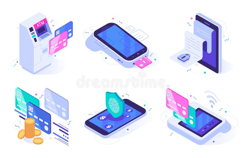 Isometric online payments. Electronic finances bill, finance payment security and digital purchase. Commerce mobile apps, digital shopping transaction. Isolated vector illustration icons set. Isometric online payments. Electronic finances bill, finance payment security and digital purchase. Commerce mobile apps, digital shopping transaction. Isolated vector illustration icons set