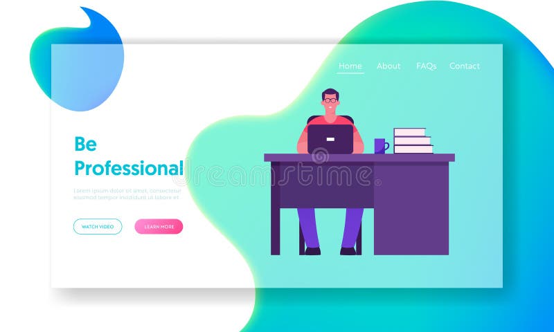 Page d'accueil du site Web Office Worker Lifestyle Un jeune souriant qui travaille sur un ordinateur portable assis sur sa chaise illustration de vecteur Page d'accueil du site Web Office Worker Lifestyle Un jeune souriant qui travaille sur un ordinateur portable assis sur sa chaise illustration de vecteur
