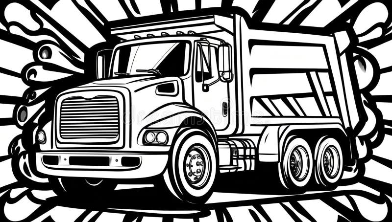 Page de coloration conception de camion de vidage. Coloration page décharge camion conception technique d'illustration