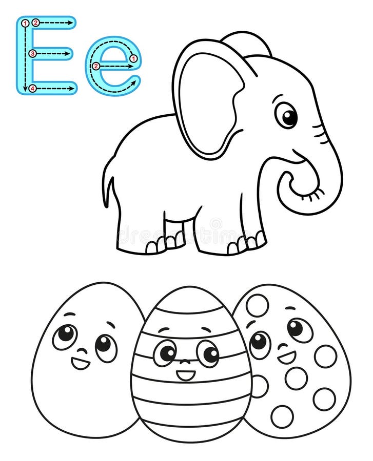 Printable coloring page for kindergarten and preschool. Card for study English. Vector coloring book alphabet. Letter E. elephant, Easter egg. Printable coloring page for kindergarten and preschool. Card for study English. Vector coloring book alphabet. Letter E. elephant, Easter egg