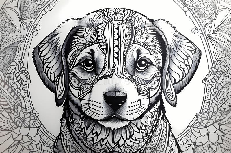 Printable coloring page of cute dog on white background - mandala theme. Printable coloring page of cute dog on white background - mandala theme