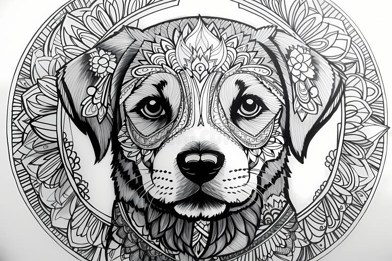 Printable coloring page of cute dog on white background - mandala theme. Printable coloring page of cute dog on white background - mandala theme