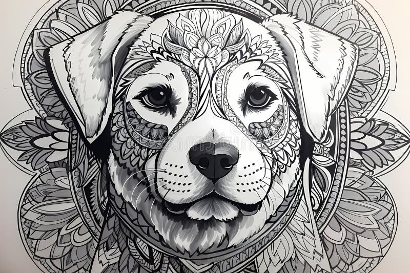 Printable coloring page of cute dog on white background - mandala theme. Printable coloring page of cute dog on white background - mandala theme