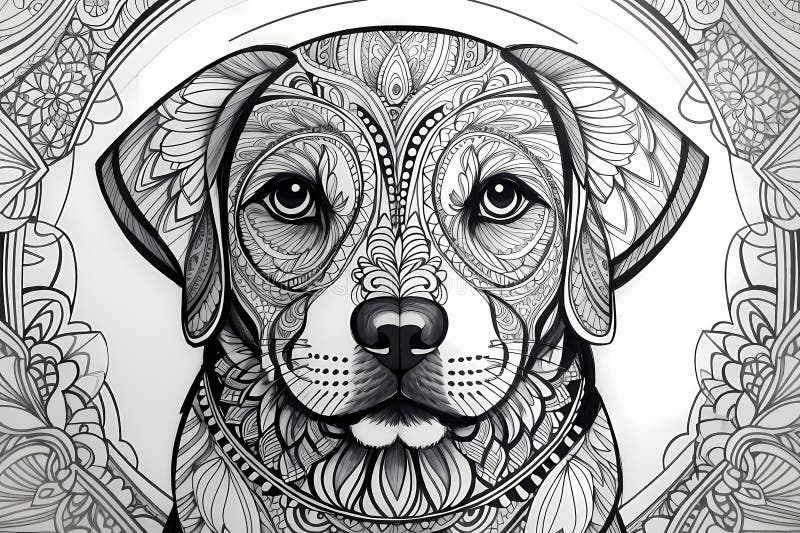 Printable coloring page of cute dog on white background - mandala theme. Printable coloring page of cute dog on white background - mandala theme