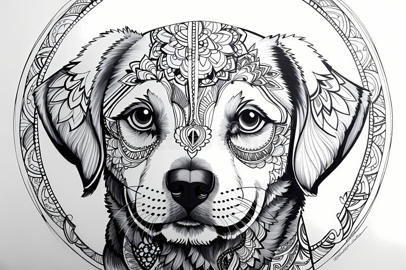 Printable coloring page of cute dog on white background - mandala theme. Printable coloring page of cute dog on white background - mandala theme