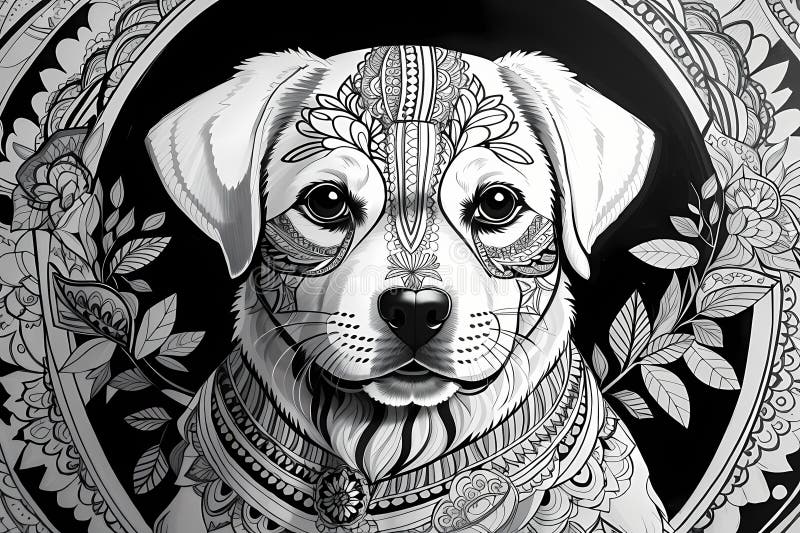 Printable coloring page of cute dog on white background - mandala theme. Printable coloring page of cute dog on white background - mandala theme