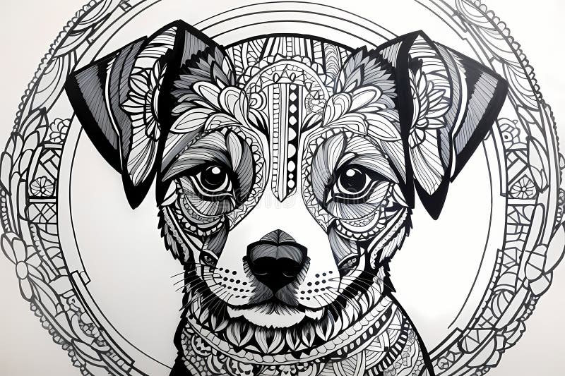 Printable coloring page of cute dog on white background - mandala theme. Printable coloring page of cute dog on white background - mandala theme