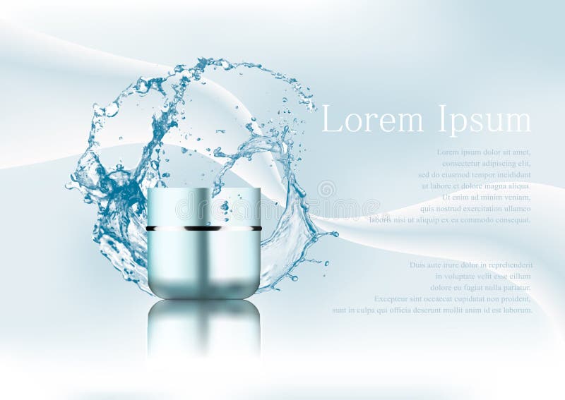 Page de magazine de la publicité, éclaboussure de l'eau, pot crème en plastique de bleu-argent réaliste vide Paquet cosmétique de illustration de vecteur Page de magazine de la publicité, éclaboussure de l'eau, pot crème en plastique de bleu-argent réaliste vide Paquet cosmétique de illustration de vecteur