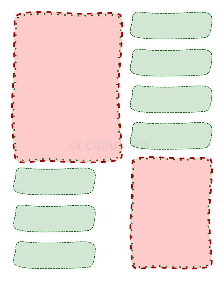 Page layout template with large pink rectangular frames and small green rounded boxes with dashed borders royalty free illustration