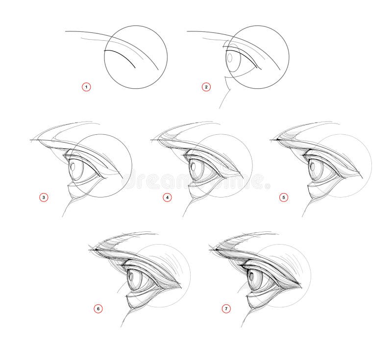 Page shows how to learn to draw sketch of human eye. Creation step by step pencil drawing. Educational page for artists. Textbook