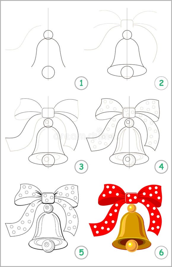 Page shows how to learn step by step to draw a cute bell with a bow. Developing children skills for drawing and coloring. stock illustration Page shows how to learn step by step to draw a cute bell with a bow. Developing children skills for drawing and coloring. stock illustration