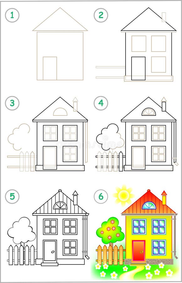 Page Shows How To Learn Step by Step To Draw a House. Stock Vector ...