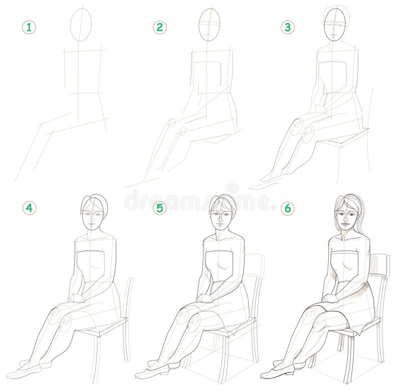 Page Shows How To Learn Step By Step To Draw A Sitting Woman. Stock