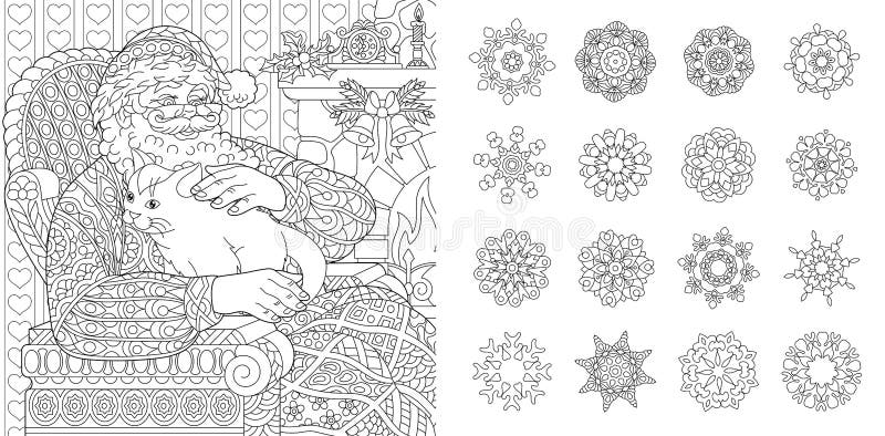 Colouring Pages. Coloring Book for adults. Santa Claus with a cat. New Year background. Christmas vintage decorations. Snowflake set. Colouring Pages. Coloring Book for adults. Santa Claus with a cat. New Year background. Christmas vintage decorations. Snowflake set.