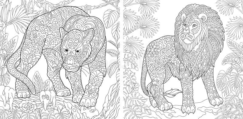 Pages de coloration Livre de coloriage pour des adultes Images de coloration avec la panthère et le lion Dessin de croquis à main