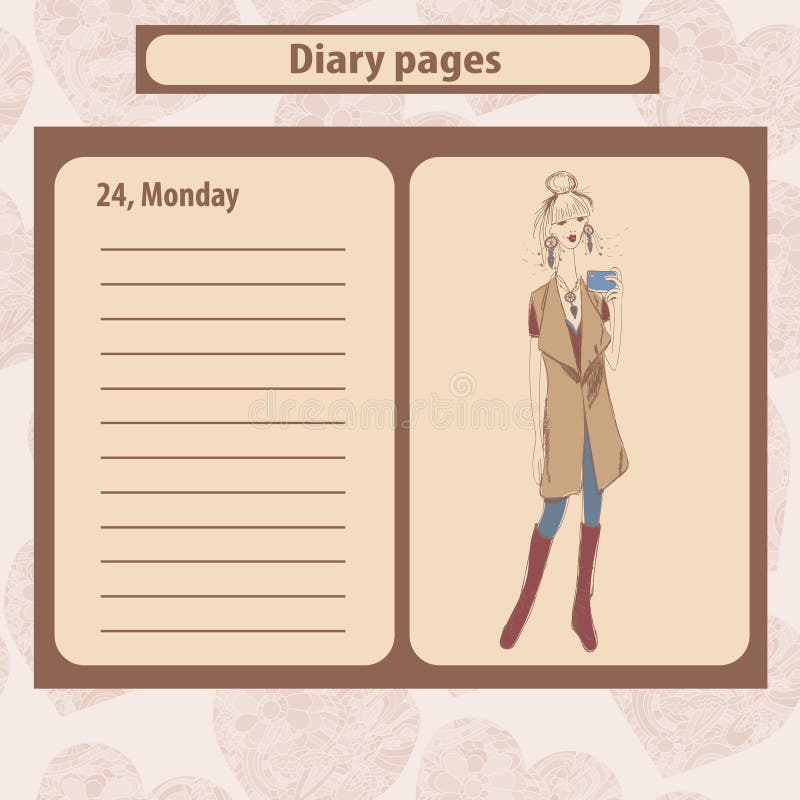 Pages de journal intime ou de note avec l'illustration de la jeune femme de mode dans le style de boho illustration libre de droits Pages de journal intime ou de note avec l'illustration de la jeune femme de mode dans le style de boho illustration libre de droits