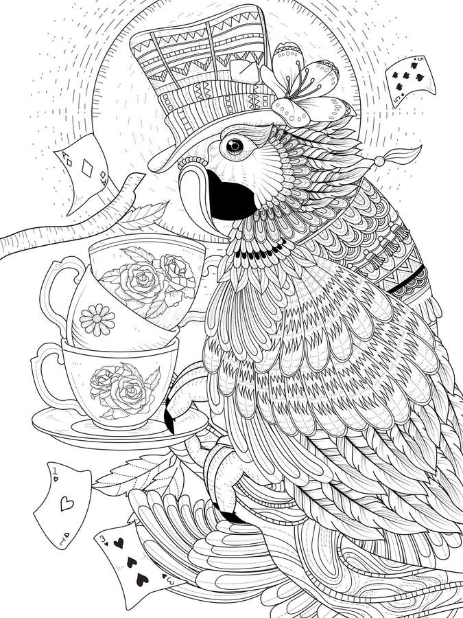 Pagina adulta di coloritura del pappagallo del mago
