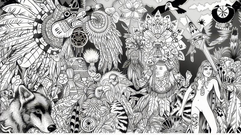 Pagina colorante in bianco e nero che rispecchia l'eredità e la cultura americana royalty illustrazione gratis