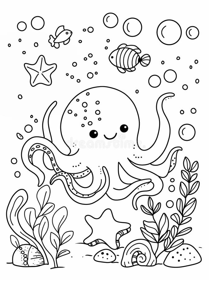 Pagina colorante con un polpo felice con pesci e creature marine in un ambiente sottomarino per bambini attività creative. Una pagina colorata mostra un polpo allegro circondato da bolle di pesce e piante oceaniche che invitano i bambini a esplorare la loro creatività e immaginazione