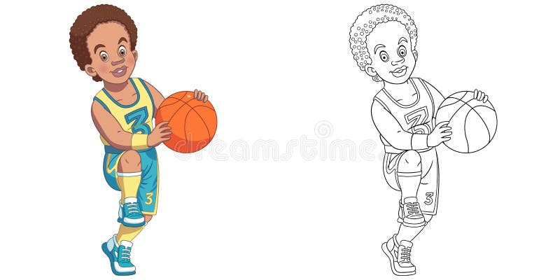 Pagina Colorata Con Un Ragazzo Che Gioca a Basket Illustrazione