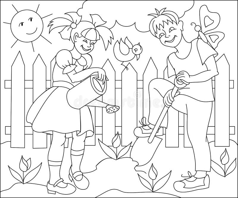 Pagina Con Il Disegno In Bianco E Nero Per Colorare Illustrazione Dei Bambini Che Lavorano In Primavera Giardino Illustrazione Vettoriale Illustrazione Di Fantasia Profilo