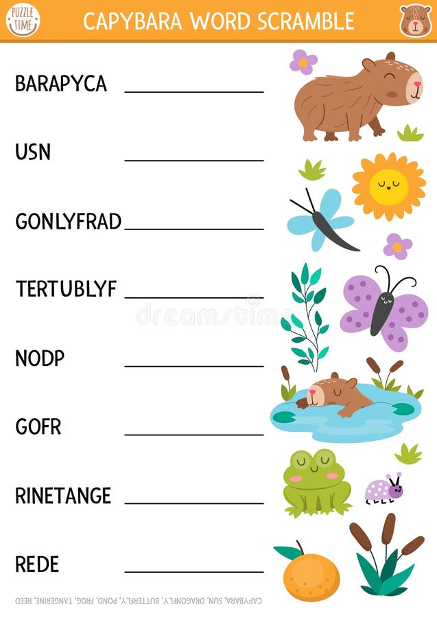 Pagina di attività dello script di parole capybara vettoriale. gioco linguistico inglese con libellula al sole, farfalla rana ross illustrazione vettoriale
